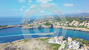 Aerial view landscape of the beautiful bay of Cala Anguila with a wonderful turquoise sea, Porto Cristo, Majorca, Spain