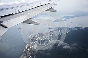 Aerial view landscape and cityscape of HongKong island from airbus flying