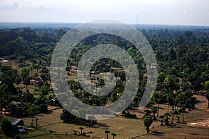 Aerial view landscape cityscape small village countryside rural with paddy rice field of Angkor Wat at SiemReap city from balloon