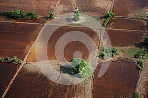 Aerial view landscape cityscape small village countryside rural with paddy rice field of Angkor Wat at SiemReap city from balloon