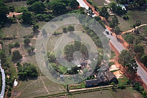 Aerial view landscape cityscape small village countryside rural with paddy rice field of Angkor Wat at SiemReap city from balloon