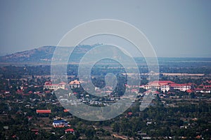 Aerial view landscape cityscape small village countryside rural with paddy rice field of Angkor Wat at SiemReap city from balloon