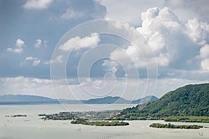 Aerial view landscape of island and lake with house at Songkhla.
