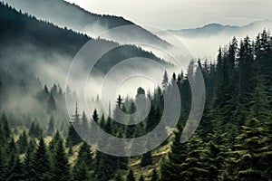 Aerial view landscape of Misty foggy mountain hills and forest, Beautiful fresh green natural scenery of hilltop, relax time with