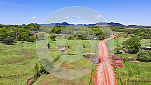 Aerial view of a landscape in Paraguay, here near Colonia Independencia with a view of the Ybytyruzu Mountains. photo