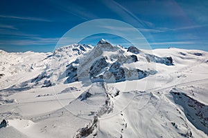 Aerial view of landscape in the ski region of Zermatt and Breuil-Cervinia