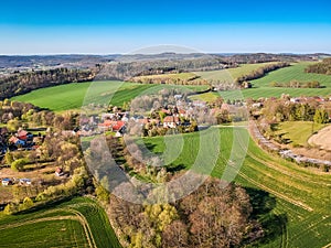 Aerial view of landscape between villages Teletin and Vysoky Ujezd in Central Bohemian Region