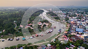 Aerial View landscape water flowing and life of thai people fishery, Aerial Drone View of Sakae Krang River and home villages near