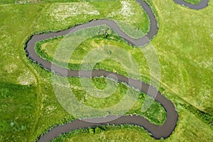 Aerial view landscape of winding river in green field