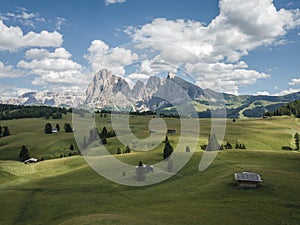 Aerial View of the landscapes in Alpe di Siusi in summer, Natural landscapes in Dolomites with Sassolungo or Langkofel Mountain Gr