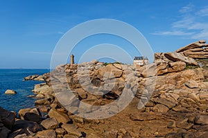 Aerial view of the landscapes and seascapes of Cote de Granit Rose Rose coast near Lannion, Coastline in Phare de Men Ruz, Britt