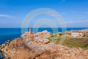 Aerial view of the landscapes and seascapes of Cote de Granit Rose Rose coast near Lannion, Coastline in Phare de Men Ruz, Britt