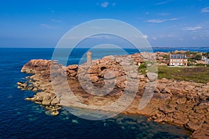 Aerial view of the landscapes and seascapes of Cote de Granit Rose Rose coast near Lannion, Coastline in Phare de Men Ruz, Britt