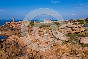 Aerial view of the landscapes and seascapes of Cote de Granit Rose Rose coast near Lannion, Coastline in Phare de Men Ruz, Britt