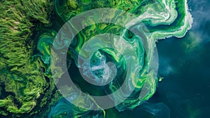 An aerial view of a large algal bloom with various shades of green and blue creating a swirling and mottled pattern on