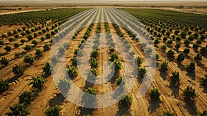 An aerial view of a large biofuel crop plantation in the middle of an arid landscape. The land around the plantation