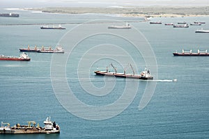 Aerial view of large cardo ships waiting at Gatun Lake photo