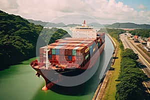 Aerial view of a large cargo ship in the middle of the river, container ship passing through the Panama Canal, AI Generated