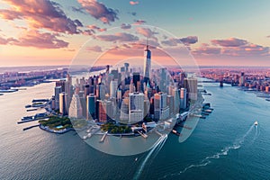 Aerial View of a Large City in the Middle of the Ocean, A skyline of New York City during sunset from an aerial perspective, AI