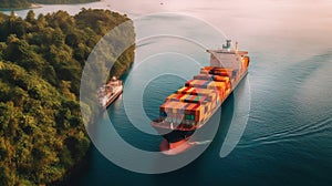 Aerial View Of A Large Container Cargo Ship In Sea Background