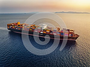 Aerial view of a large container cargo ship during sunset