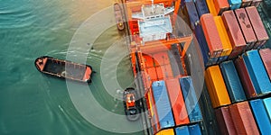 Aerial view of a large container ship being loaded with cargo at a busy seaport photo