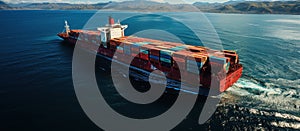 Aerial view of a large container ship sailing in the sea