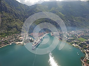 Aerial view of large cruise ship near the pier