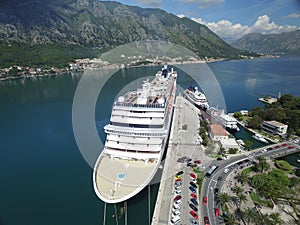 Aerial view of large cruise ship near the pier