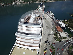 Aerial view of large cruise ship near the pier