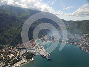 Aerial view of large cruise ship near the pier