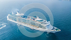 Aerial view large cruise ship at sea, Passenger cruise ship vessel, Large Cruise ship sailing across the Gulf of Thailand.