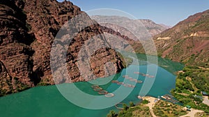 Aerial view of large fish farming in growing cages in calm deep waters. Growing on a fish farm in huge round cages with