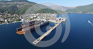 Aerial view of large floating dry dock for ship repairs