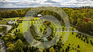 Aerial View of a Large Gazebo in the Middle of a Vineyard, With Seating for a Weddings on an Autumn