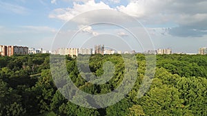 Aerial view: large green park and city buildings. Green forest and modern city. Green future concept