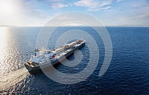 Aerial view of a large, heavy loaded crude oil tanker