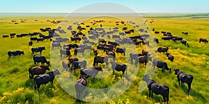 Aerial view of a large herd of black cattle grazing on vibrant green pasture, showcasing rural farm life