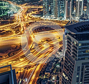 Aerial view of large highway junction in Dubai, UAE