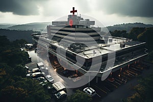 An aerial view of a large hospital building surrounded by trees. Hospital exterior