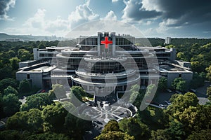 An aerial view of a large hospital building surrounded by trees. Hospital exterior