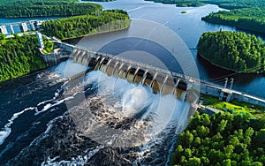 An aerial view of a large hydroelectric dam with rushing water pouring through the floodgates, situated amidst a photo