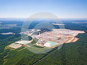Aerial view of large kaolin open pit mine for ceramics production