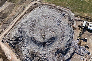 Aerial view of large landfill. Waste garbage dump, environmental pollution