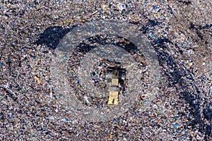 Aerial view of large landfill. Waste garbage dump, environmental pollution