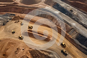 Aerial view of a large open-pit mine with trucks and heavy machinery excavating valuable resources