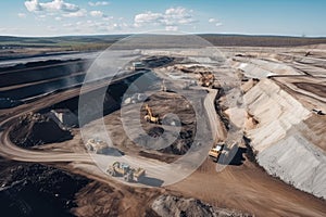 Aerial view of a large open-pit mine with trucks and heavy machinery excavating valuable resources