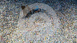 Aerial view large pile of waste plastic bottles in the factory to wait for recycle, Plastic Awareness, Plastic pollution