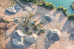 Aerial view of a large plant for the production of concrete, asphalt. sand extraction from a quarry