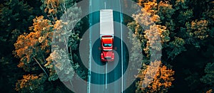 aerial view of large red truck on the road through a green forest. Drone point of view